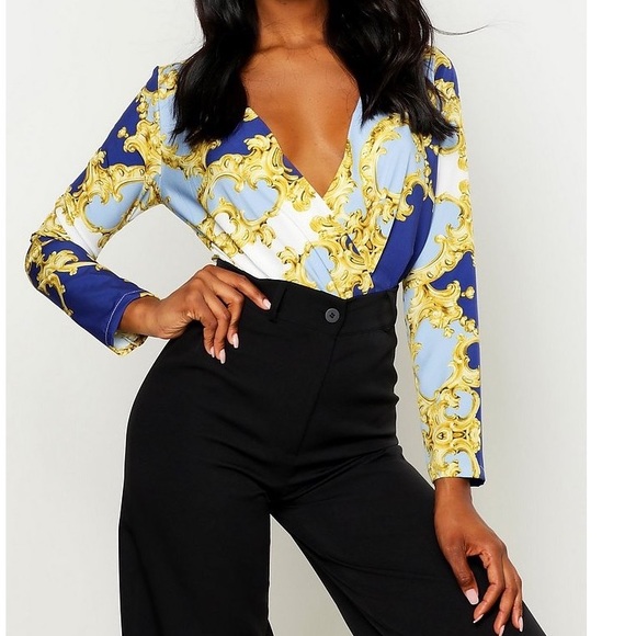 Boohoo Tops - Satin chain print wrap blouse